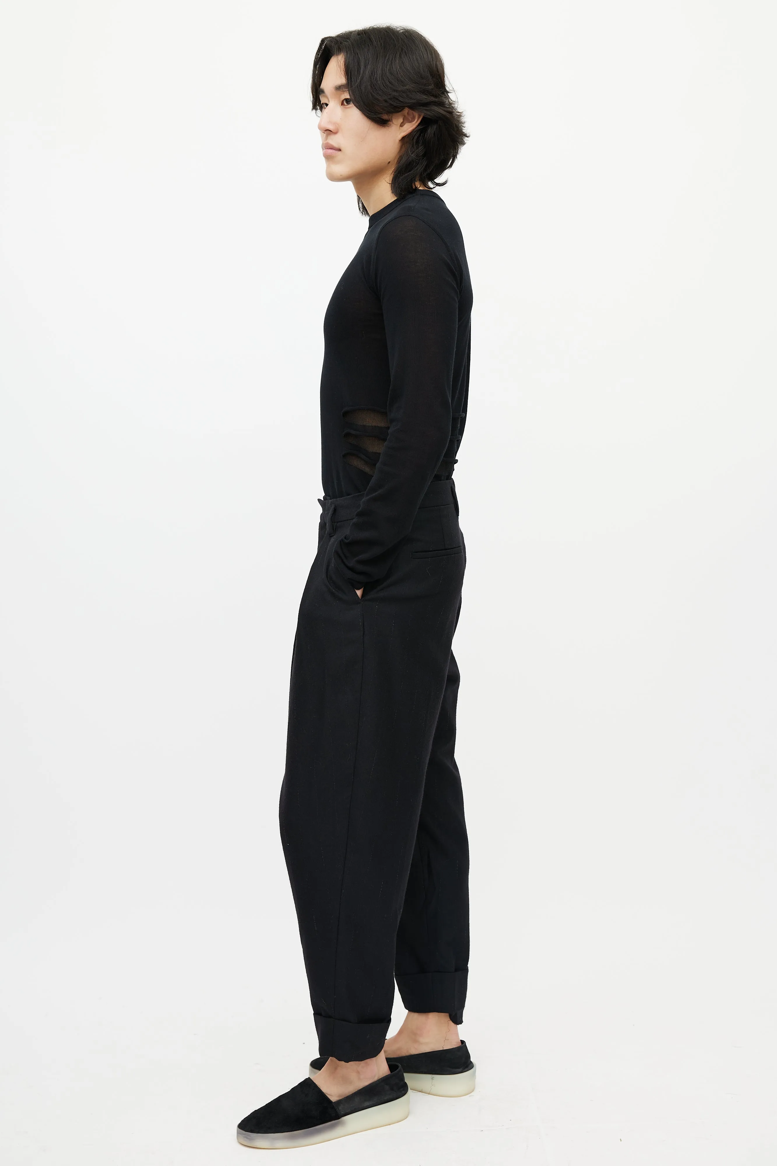 Black Striped Wool Cuffed Trouser
