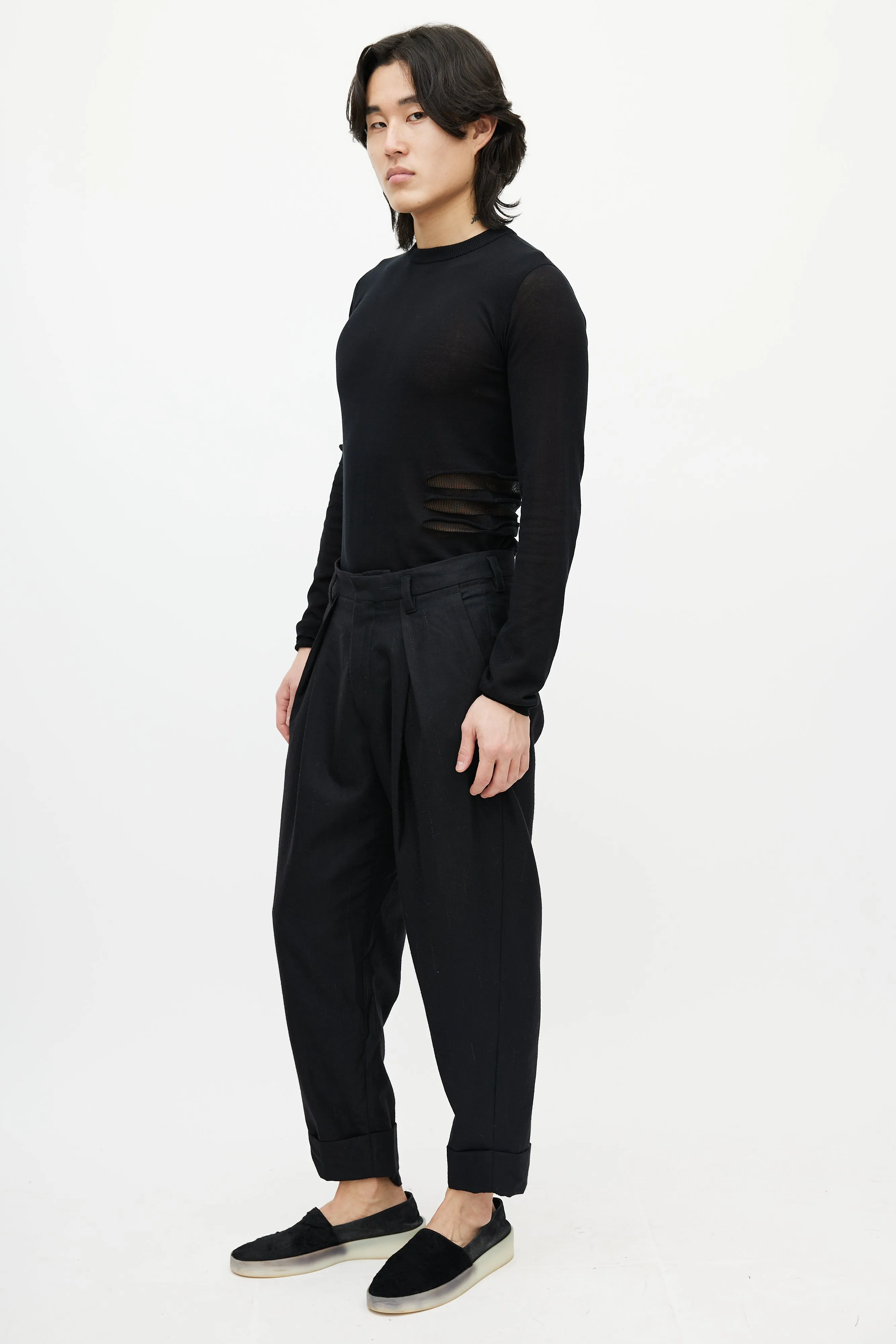 Black Striped Wool Cuffed Trouser