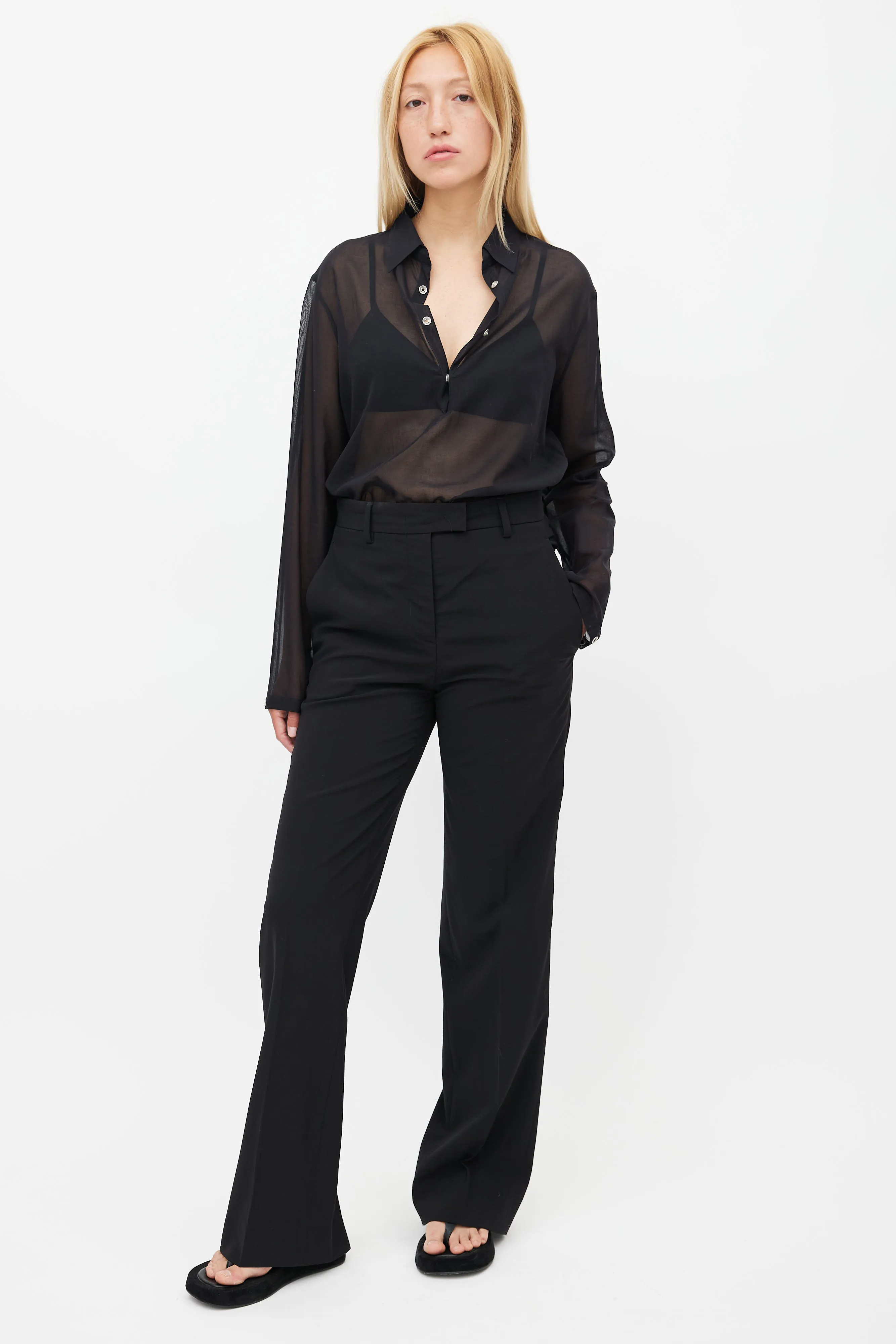 Black Wool Ankle Slit Trouser