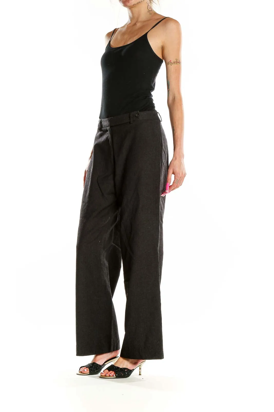 Black Wool-Blend Wide-Leg Trousers