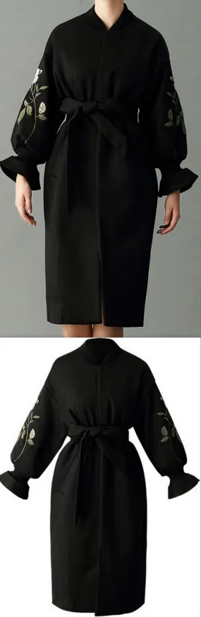 Floral-Embroidered Wrap Coat