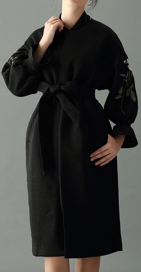 Floral-Embroidered Wrap Coat