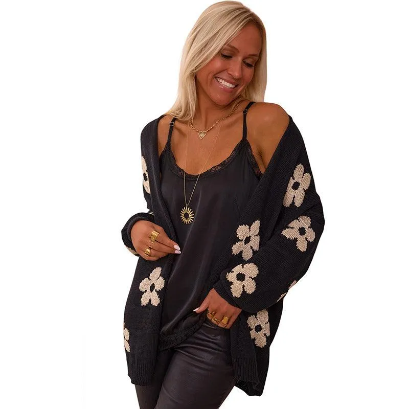 Floral Print Thermal Knit Cardigan – Loose Acrylic Cardigan for Womem