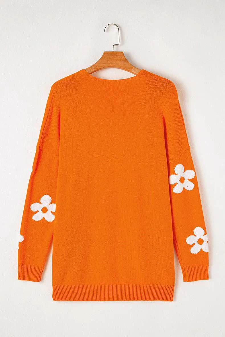 Floral Print Thermal Knit Cardigan – Loose Acrylic Cardigan for Womem