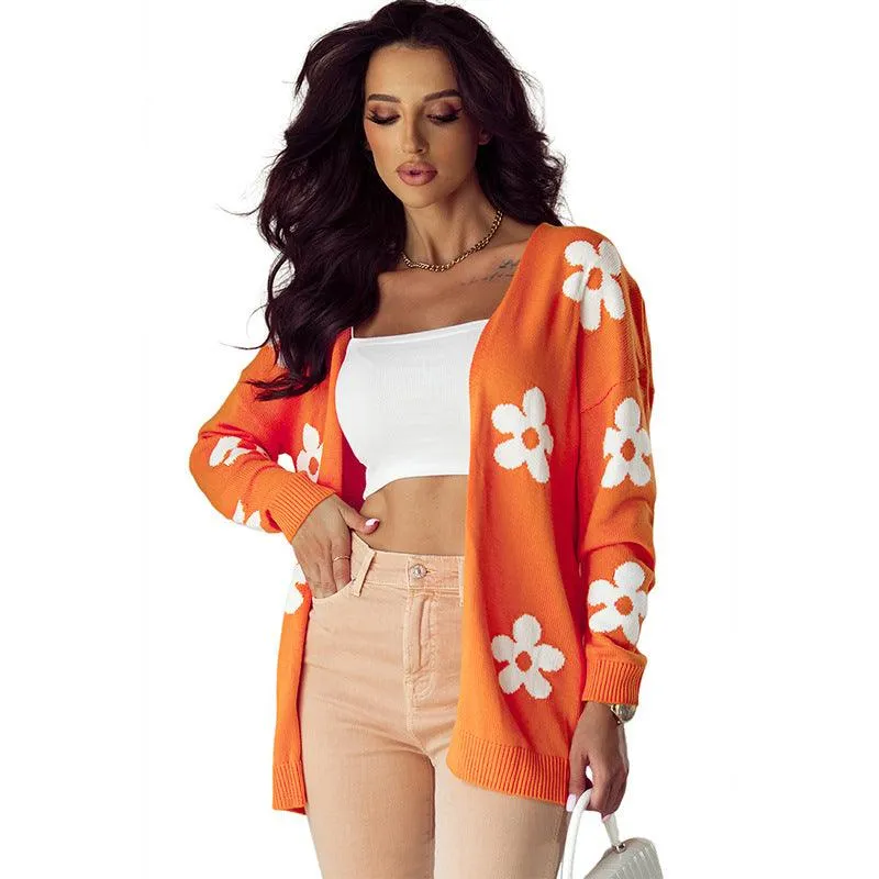 Floral Print Thermal Knit Cardigan – Loose Acrylic Cardigan for Womem
