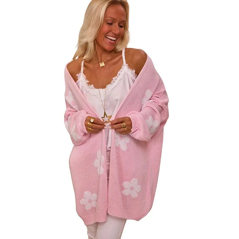 Floral Print Thermal Knit Cardigan – Loose Acrylic Cardigan for Womem