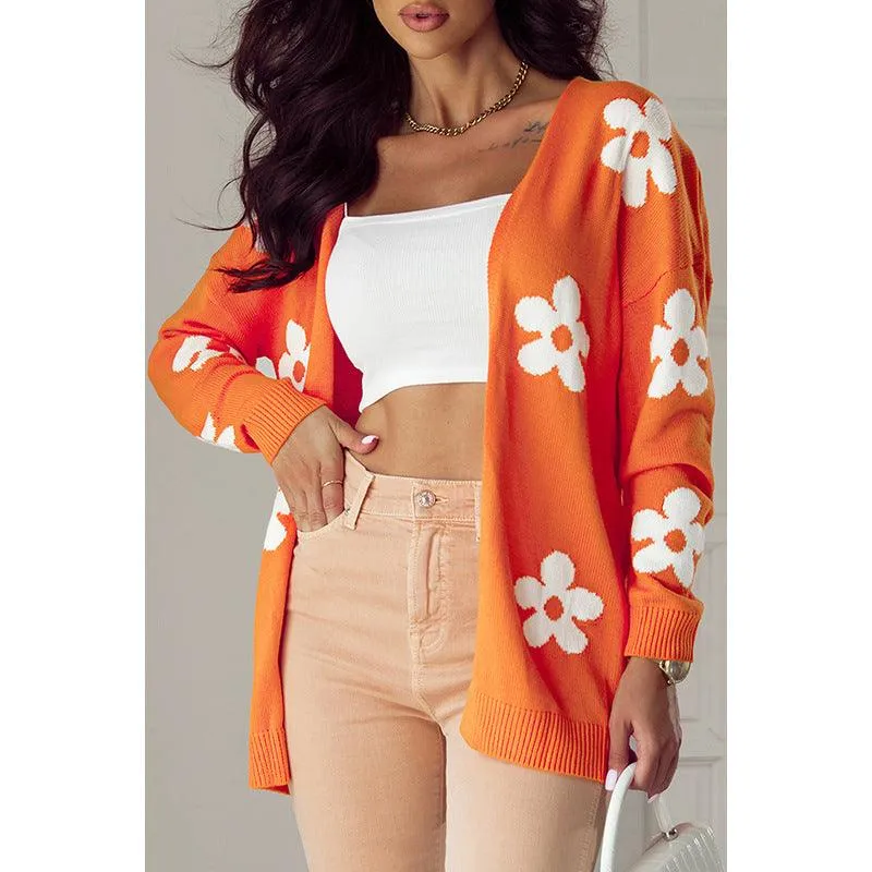 Floral Print Thermal Knit Cardigan – Loose Acrylic Cardigan for Womem