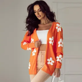 Floral Print Thermal Knit Cardigan – Loose Acrylic Cardigan for Womem