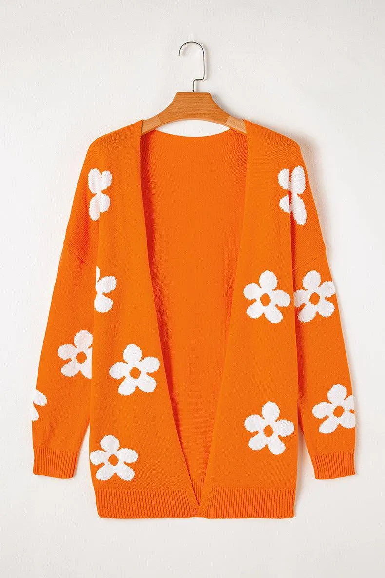 Floral Print Thermal Knit Cardigan – Loose Acrylic Cardigan for Womem