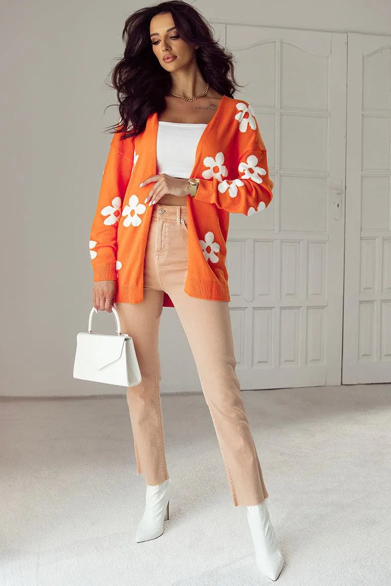 Floral Print Thermal Knit Cardigan – Loose Acrylic Cardigan for Womem