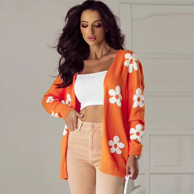 Floral Print Thermal Knit Cardigan – Loose Acrylic Cardigan for Womem